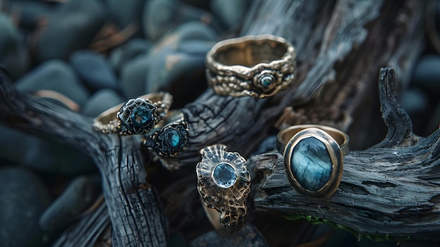 Photo a collection of rings including one that has a blue stone in the center