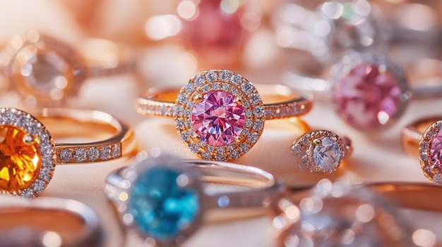 a collection of rings including one that has a pink diamond and a diamond ring