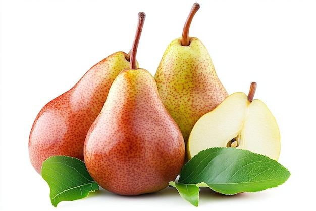 Photo a collection of ripe pears with leaves on a white background