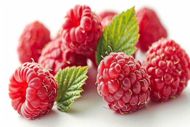 A collection of ripe raspberries with fresh green leaves placed on a clean white surface Perfect f