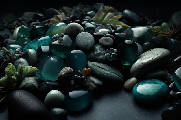 A collection of rocks and stones on a table