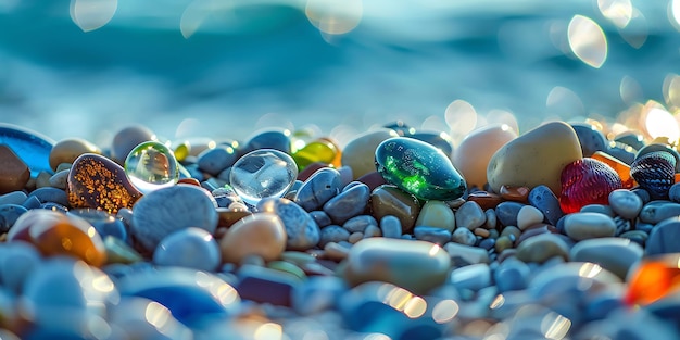 a collection of rocks and stones with a green light on them