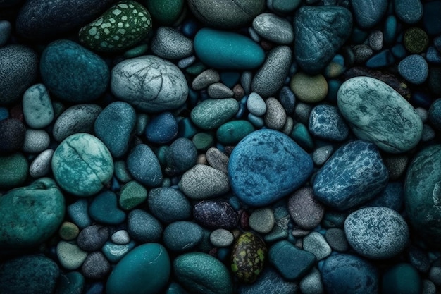 A collection of rocks with blue and green stones on the bottom.