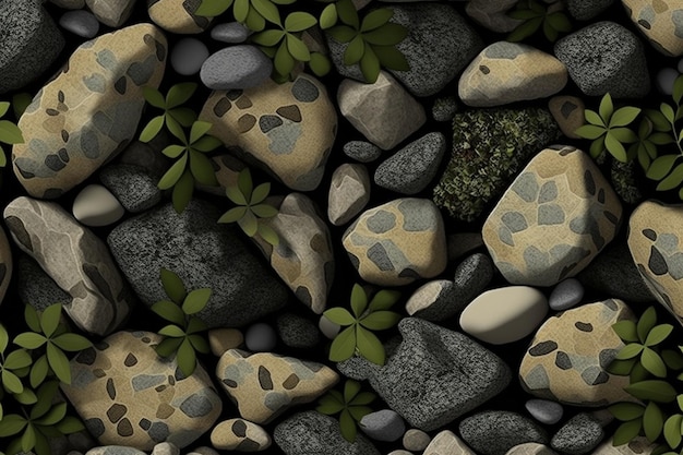 A collection of rocks with green leaves and plants on them.