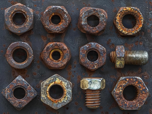 A collection of rusted machine parts including bolts nuts and washers