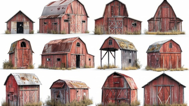 Photo collection of rustic red barns in varying styles set in an overgrown field during daylight