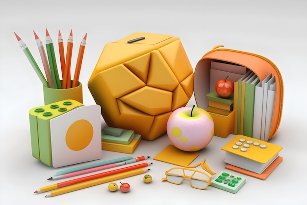 A collection of school supplies including a cube a pencil a pencil a book