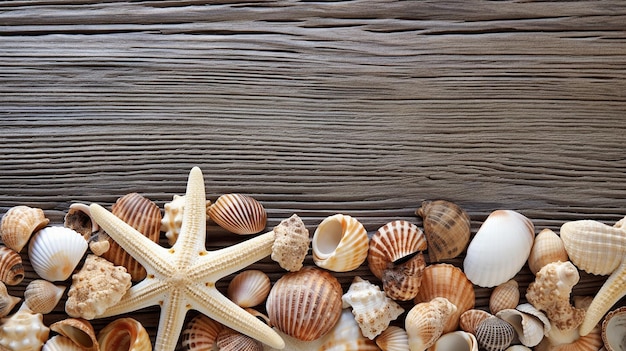 a collection of sea shells and shells on a wooden background