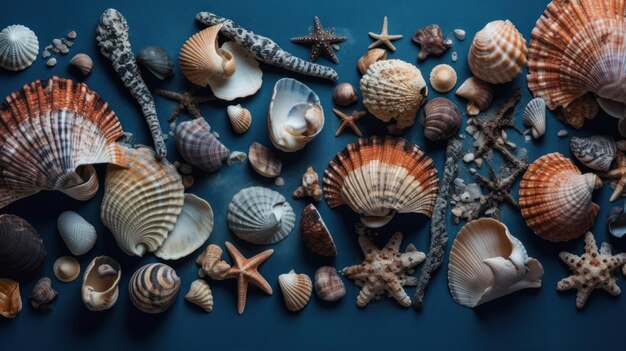 Collection of seashells and coral on a blue background AI generated