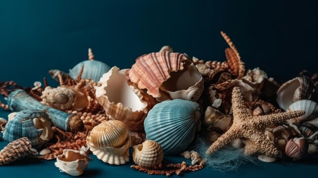 Collection of seashells and coral on a blue background AI generated