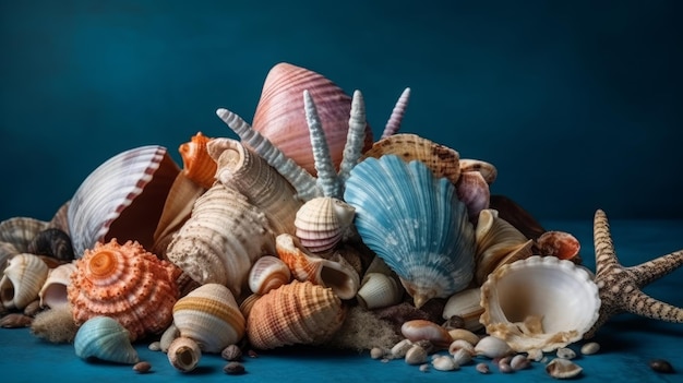 Collection of seashells and coral on a blue background AI generated