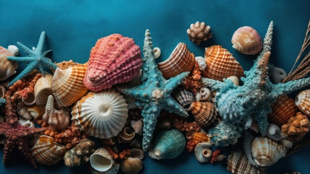 Collection of seashells and coral on a blue background AI generated