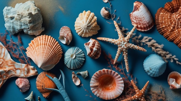 Collection of seashells and coral on a blue background AI generated