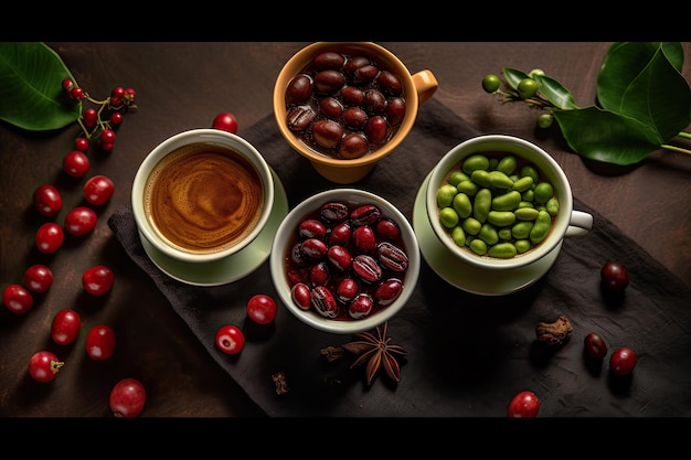 Collection of selected coffee beans on a wooden table