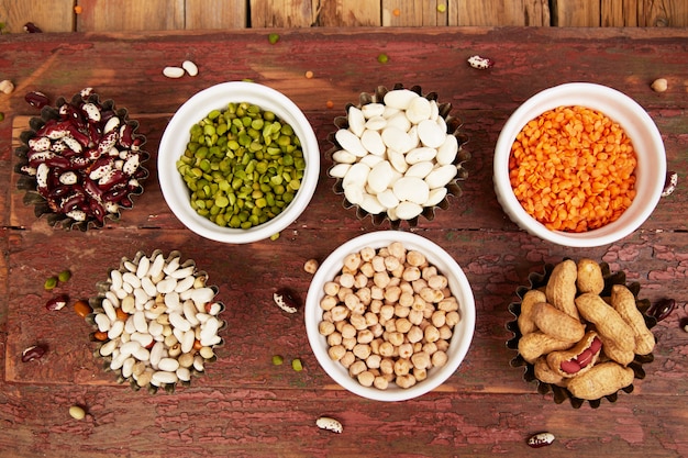 Collection set of beans and legumes. Bowls of various lentils