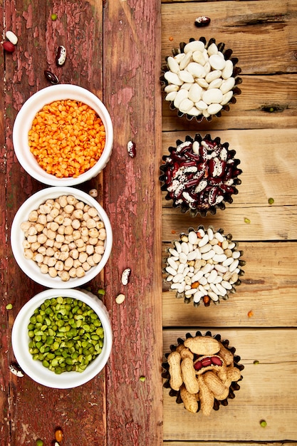 Collection set of beans and legumes. Bowls of various lentils