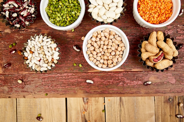 Collection set of beans and legumes. Bowls of various lentils