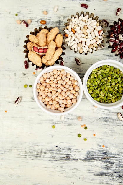 Collection set of beans and legumes. Bowls of various lentils