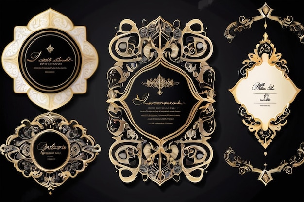 Photo collection set of label ornament vintage luxury frame wedding invitation card text box title