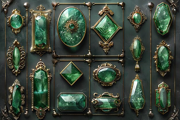 Collection set of malachite mineral stone close up with reflection on black surface background