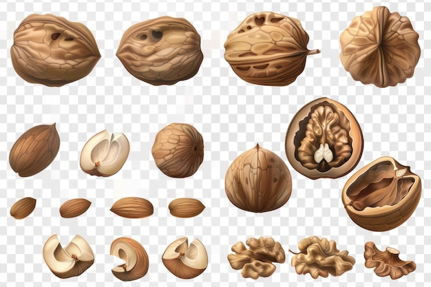 Collection set of walnuts isolated on transparent or white background png