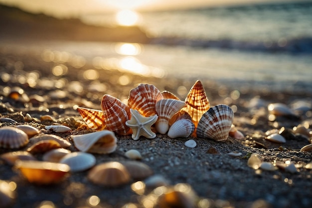 Photo a collection of shells on a beach with the ocean in the background