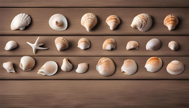 Photo a collection of shells and shells on a wooden surface