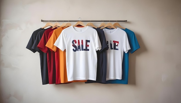 a collection of shirts hanging on a hanger that says sale