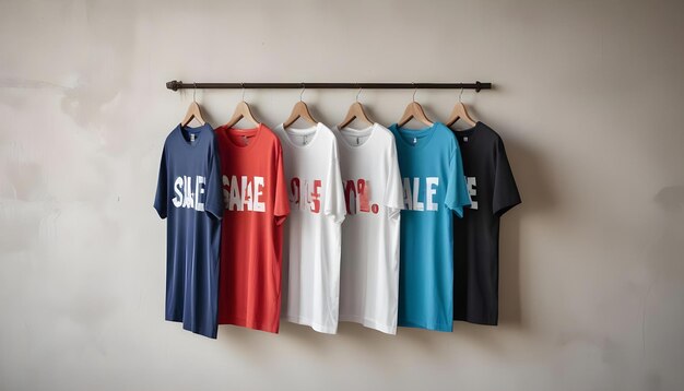 Photo a collection of shirts that say sale is hanging on a hanger