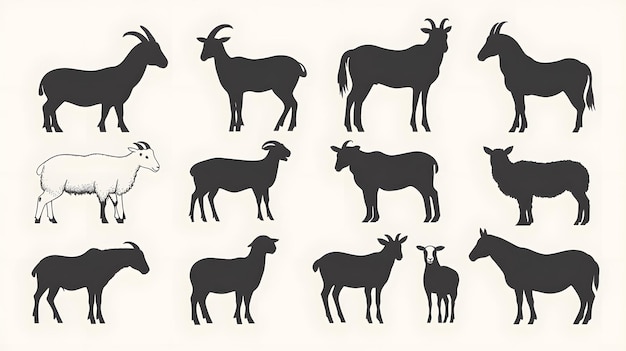 A Collection of Silhouettes of Goats Sheep and a Donkey