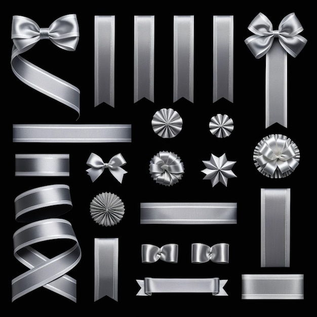 Photo a collection of silver bows and bows isolated on a clean dark background