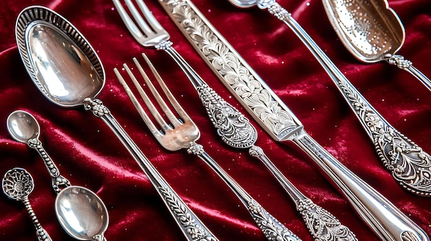 Photo a collection of silver cutlery and silverware on a red cloth