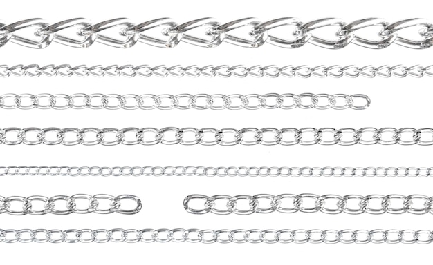 Collection of Silver metal chains isolated on white background