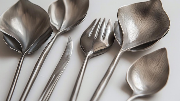 a collection of silver spoons with silver spoons on a table