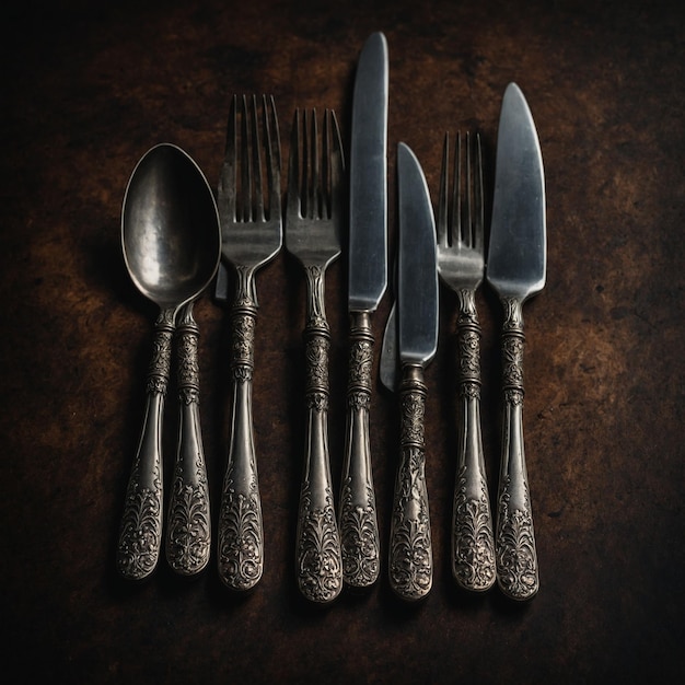 A collection of silverware and forks are laid out on a table