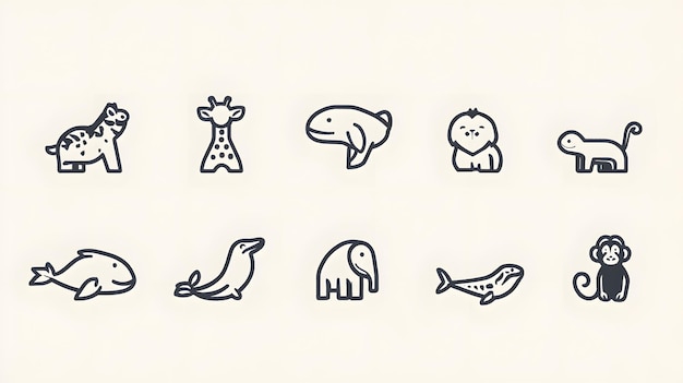 A collection of simple black line drawings of various animals