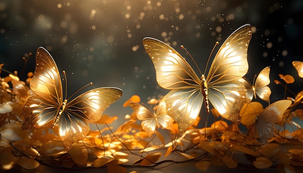 Collection of sitting golden butterflies in harmony