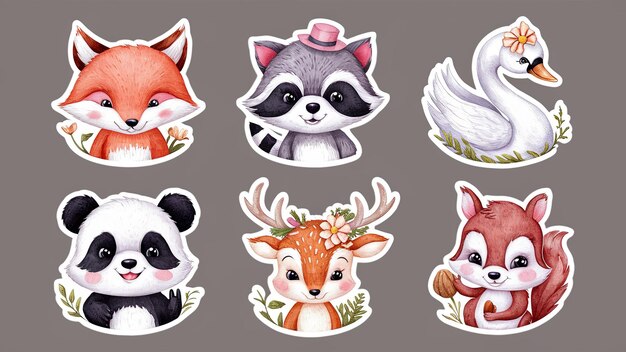 A collection of six adorable animal illustrations including a fox raccoon swan panda deer and squirrel