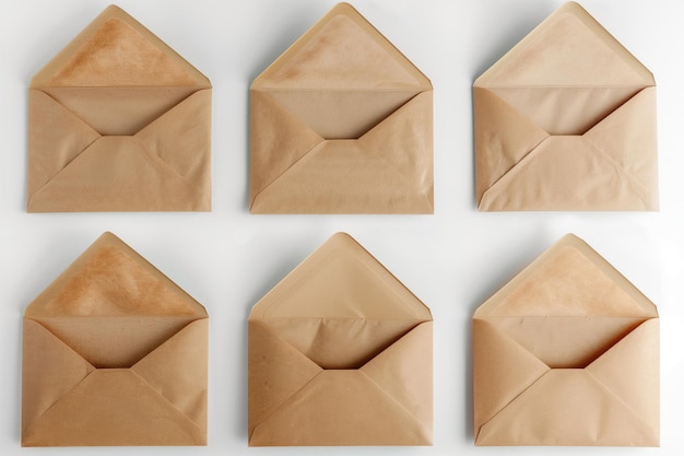 Collection of six antiquestyle brown paper envelopes arranged neatly on a white backdrop