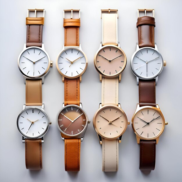 Photo a collection of six stylish watches with different colored straps and dials perfect for showcasing fashion trends or creating elegant visuals