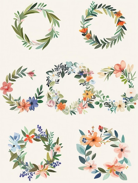 A collection of six watercolor floral wreaths featuring different styles and colors perfect for wedding invitations greeting cards and other festive occasions Generative AI