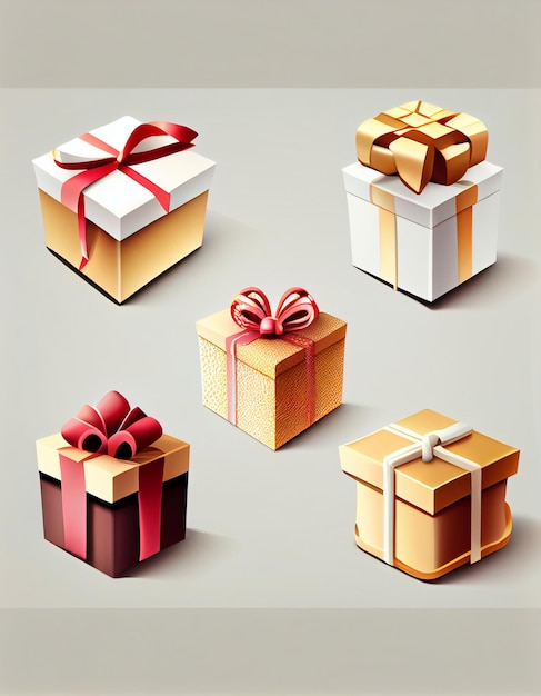 A collection of small gift boxes with a red ribbon on them.