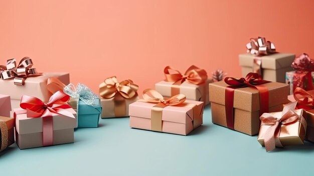 A collection of small gifts arranged in a decorative way Web banner with copy space Generative AI