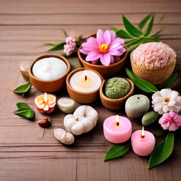 a collection of small wooden bowls with flowers and candles on them