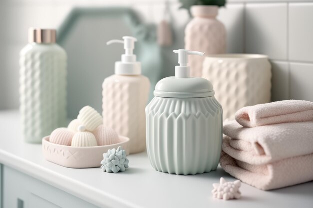 A collection of soaps and soaps on a bathroom counter.