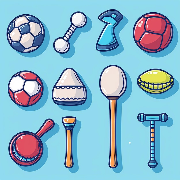 a collection of soccer balls and a hammer