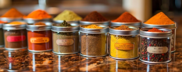 Photo a collection of spice tins each labeled with a different spice name arranged neatly on a kitchen