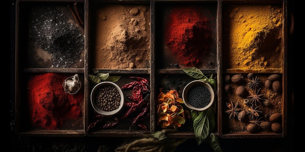 A collection of spices in different colors in the style of a fames cape collage generative ai