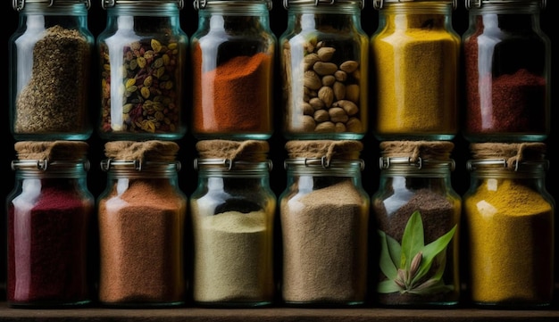 A collection of spices in a glass jar