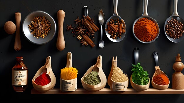 a collection of spices and herbs are displayed on a wall